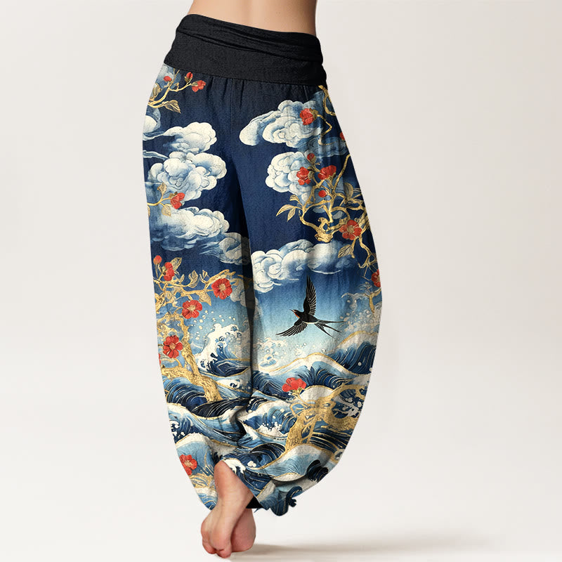 Buddha Stones Pantalon harem à taille élastique pour femme, en pur coton, motif nuages de bon augure, fleurs rouges, hirondelles et vagues de l'océan - image 1