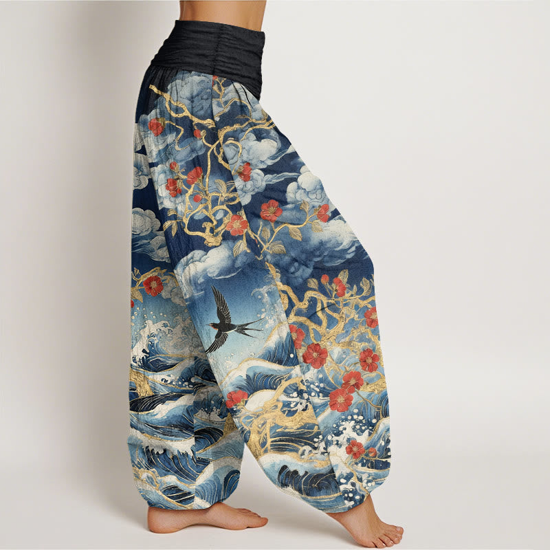 Buddha Stones Pantalon harem à taille élastique pour femme, en pur coton, motif nuages de bon augure, fleurs rouges, hirondelles et vagues de l'océan - image 2