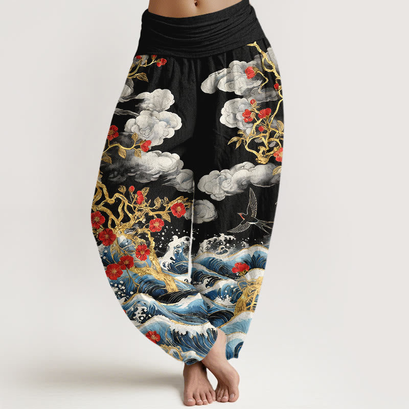 Buddha Stones Pantalon harem à taille élastique pour femme, en pur coton, motif nuages de bon augure, fleurs rouges, hirondelles et vagues de l'océan - Noir - US16，UK/AU20，EU48 (3XL) - image 5