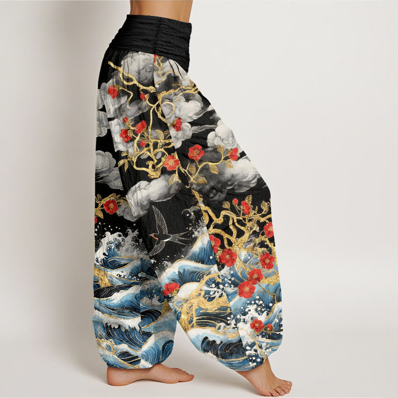 Buddha Stones Pantalon harem à taille élastique pour femme, en pur coton, motif nuages de bon augure, fleurs rouges, hirondelles et vagues de l'océan - image 7