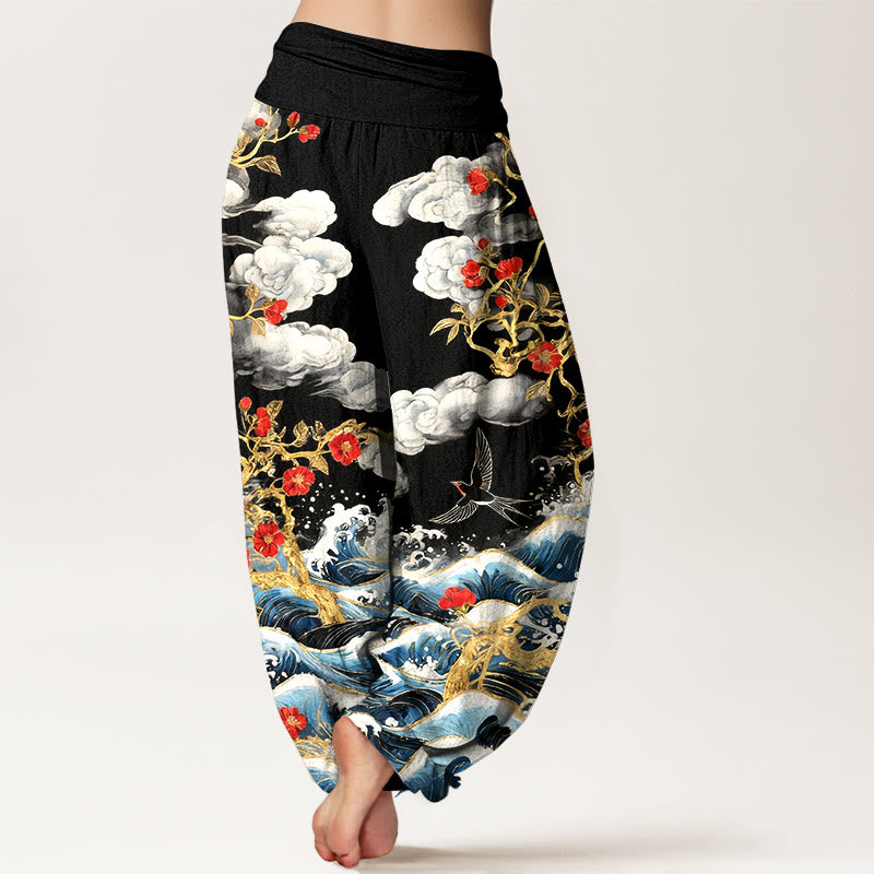 Buddha Stones Pantalon harem à taille élastique pour femme, en pur coton, motif nuages de bon augure, fleurs rouges, hirondelles et vagues de l'océan - image 6