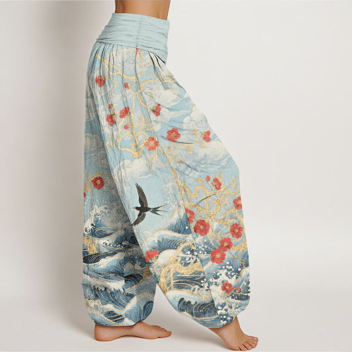 Buddha Stones Pantalon harem à taille élastique pour femme, en pur coton, motif nuages de bon augure, fleurs rouges, hirondelles et vagues de l'océan - image 10