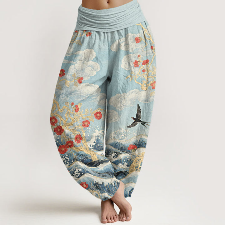 Buddha Stones Pantalon harem à taille élastique pour femme, en pur coton, motif nuages de bon augure, fleurs rouges, hirondelles et vagues de l'océan - Cyan clair - US16，UK/AU20，EU48 (3XL) - image 8