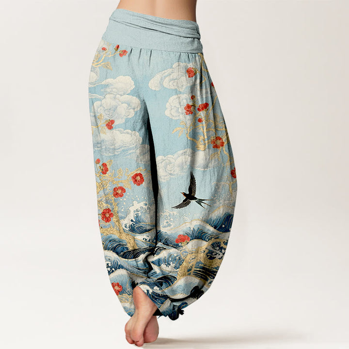 Buddha Stones Pantalon harem à taille élastique pour femme, en pur coton, motif nuages de bon augure, fleurs rouges, hirondelles et vagues de l'océan - image 9