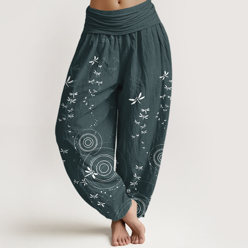 Buddha Stones Pantalon harem libellule à taille élastique et rayures circulaires en pur coton pour femme - CadetBlue - US16，UK/AU20，EU48 (3XL) - image 0