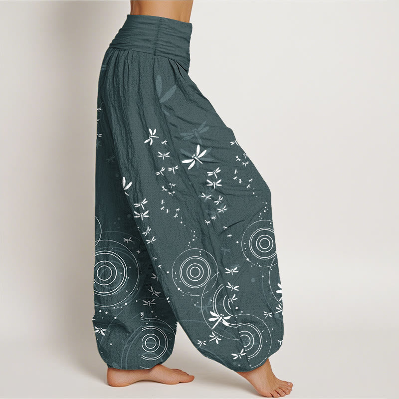 Buddha Stones Pantalon harem libellule à taille élastique et rayures circulaires en pur coton pour femme - image 1