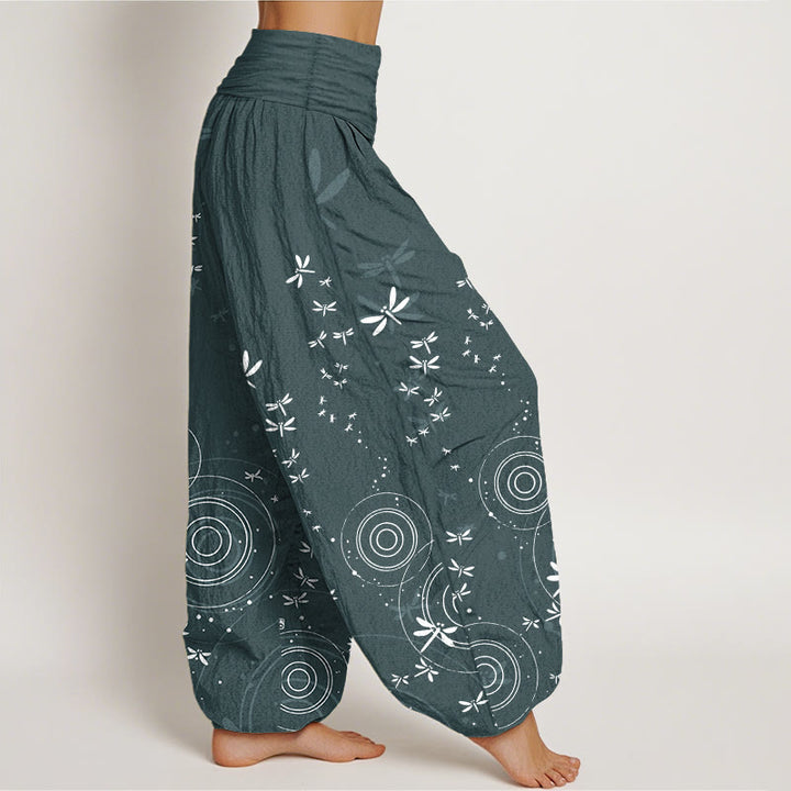 Buddha Stones Pantalon harem libellule à taille élastique et rayures circulaires en pur coton pour femme - image 1