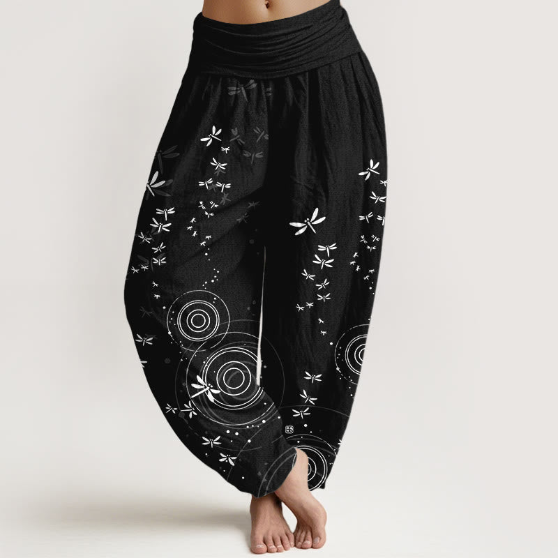 Buddha Stones Pantalon harem libellule à taille élastique et rayures circulaires en pur coton pour femme - Noir - US16，UK/AU20，EU48 (3XL) - image 8