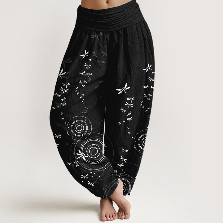 Buddha Stones Pantalon harem libellule à taille élastique et rayures circulaires en pur coton pour femme - Noir - US16，UK/AU20，EU48 (3XL) - image 8