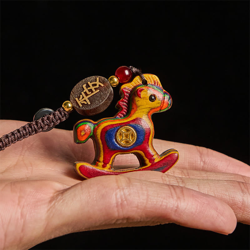 Buddha Stones Année du Cheval Arc-en-ciel Eucalyptus Petite feuille Santal rouge Bois de tilleul Ébène Porte-clés sculpté positif - image 4
