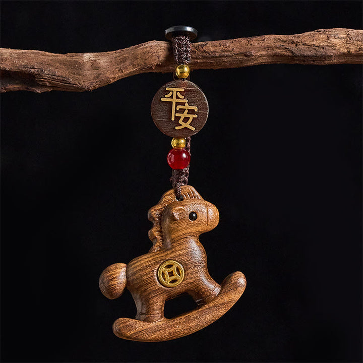 Buddha Stones Année du Cheval Arc-en-ciel Eucalyptus Petite feuille Santal rouge Bois de tilleul Ébène Porte-clés sculpté positif - Ébène - image 20