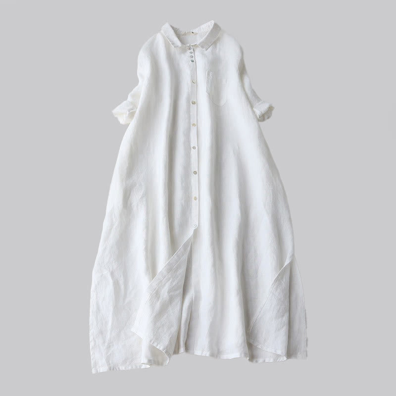 Buddha Stones Robe midi femme automne unie à boutons, col à revers, manches trois-quarts et poches - Blanc - US12，UK/AU16，EU44 (2XL) - image 4