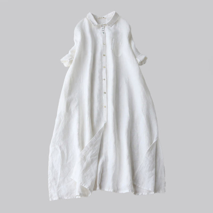 Buddha Stones Robe midi femme automne unie à boutons, col à revers, manches trois-quarts et poches - Blanc - US12，UK/AU16，EU44 (2XL) - image 4