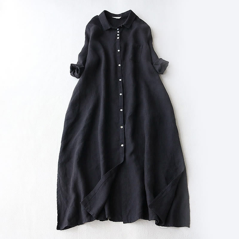 Buddha Stones Robe midi femme automne unie à boutons, col à revers, manches trois-quarts et poches - Noir - US12，UK/AU16，EU44 (2XL) - image 0