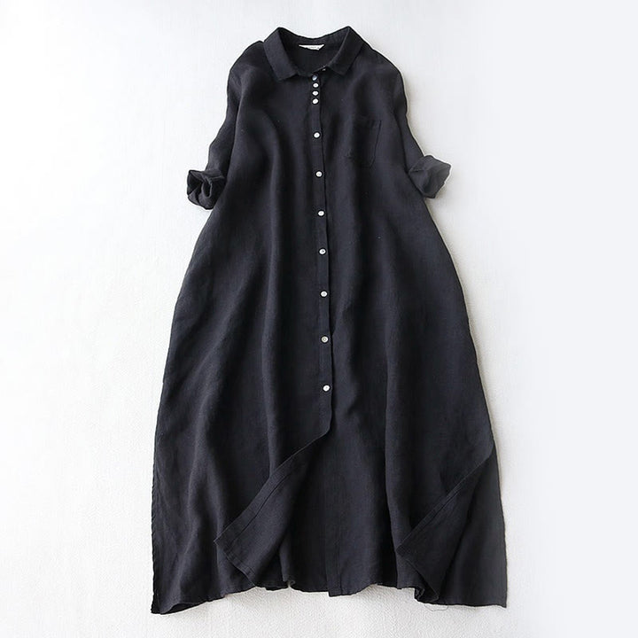 Buddha Stones Robe midi femme automne unie à boutons, col à revers, manches trois-quarts et poches - Noir - US12，UK/AU16，EU44 (2XL) - image 0