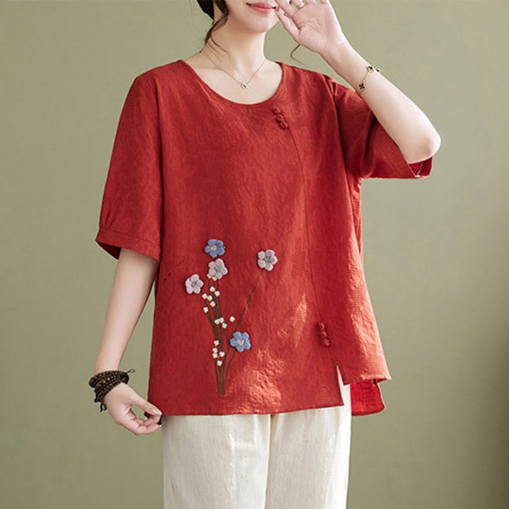 Buddha Stones Chemise femme en coton à manches courtes et col rond, ornée de fleurs en relief - image 8