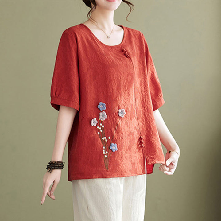 Buddha Stones Chemise femme en coton à manches courtes et col rond, ornée de fleurs en relief - image 7