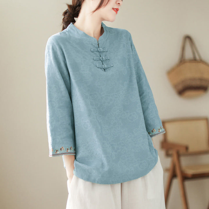 Chemise en coton pour femme, ornée de Buddha Stones jacquard, col montant à boutons brandebourg et manches trois-quarts. - Bleu ciel - US8-10，UK/AU12-14，EU40-42 (2XL) - image 6