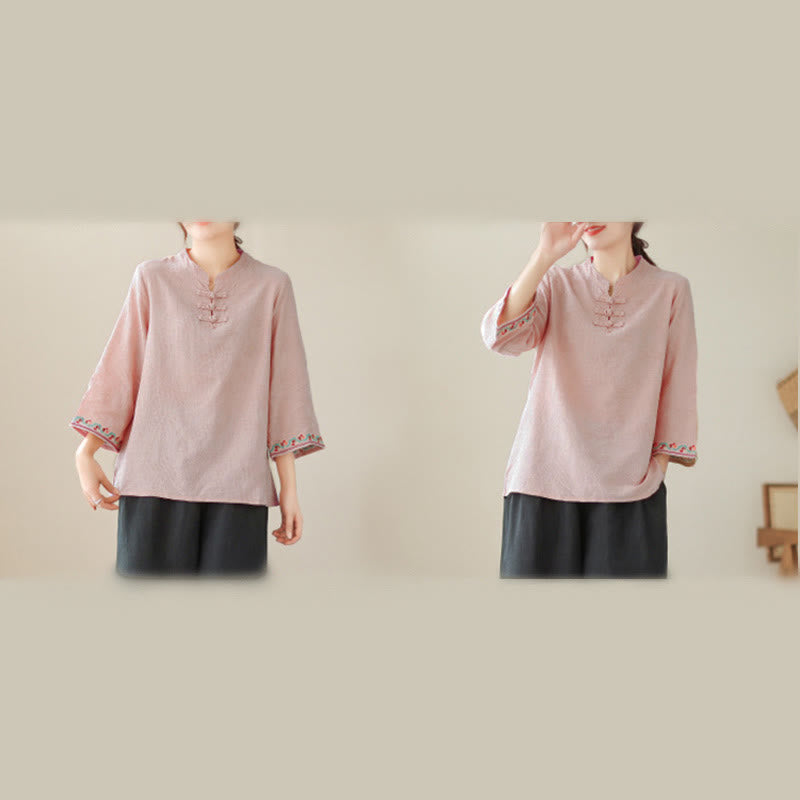 Chemise en coton pour femme, ornée de Buddha Stones jacquard, col montant à boutons brandebourg et manches trois-quarts. - image 30