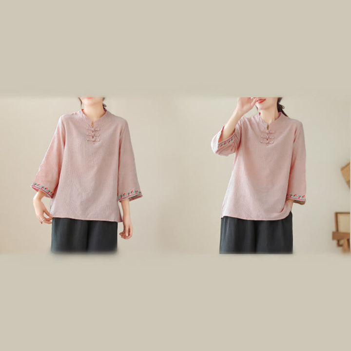 Chemise en coton pour femme, ornée de Buddha Stones jacquard, col montant à boutons brandebourg et manches trois-quarts. - image 30