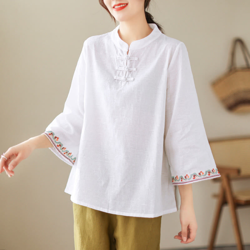 Chemise en coton pour femme, ornée de Buddha Stones jacquard, col montant à boutons brandebourg et manches trois-quarts. - Blanc - US8-10，UK/AU12-14，EU40-42 (2XL) - image 14