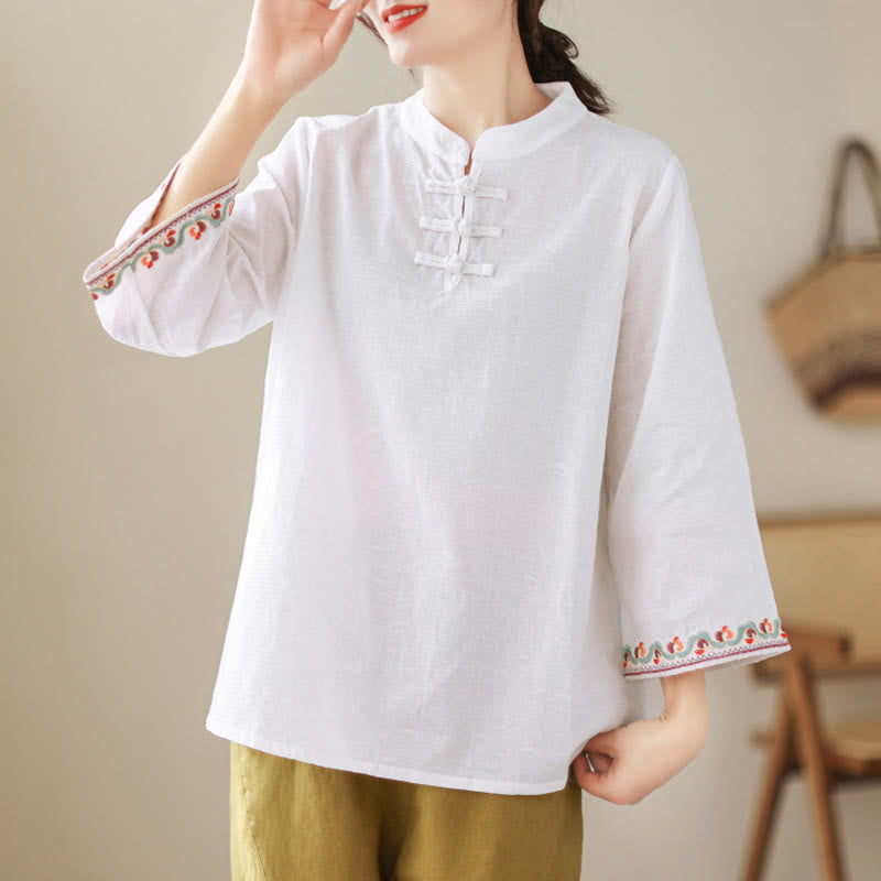 Chemise en coton pour femme, ornée de Buddha Stones jacquard, col montant à boutons brandebourg et manches trois-quarts. - image 15