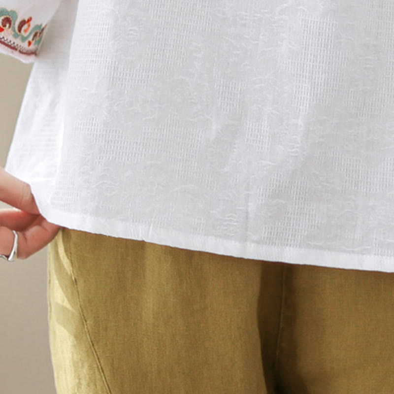 Chemise en coton pour femme, ornée de Buddha Stones jacquard, col montant à boutons brandebourg et manches trois-quarts. - image 22