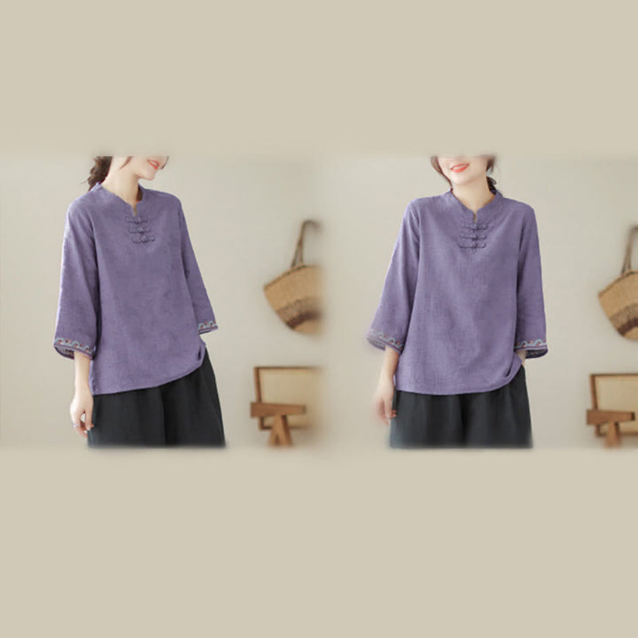 Chemise en coton pour femme, ornée de Buddha Stones jacquard, col montant à boutons brandebourg et manches trois-quarts. - image 5