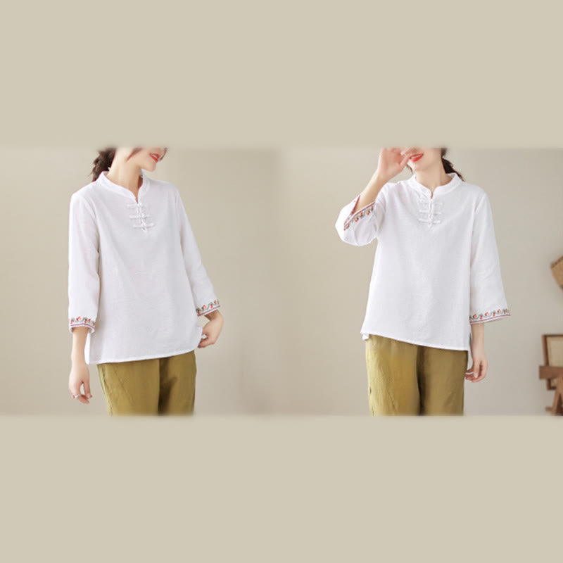 Chemise en coton pour femme, ornée de Buddha Stones jacquard, col montant à boutons brandebourg et manches trois-quarts. - image 20