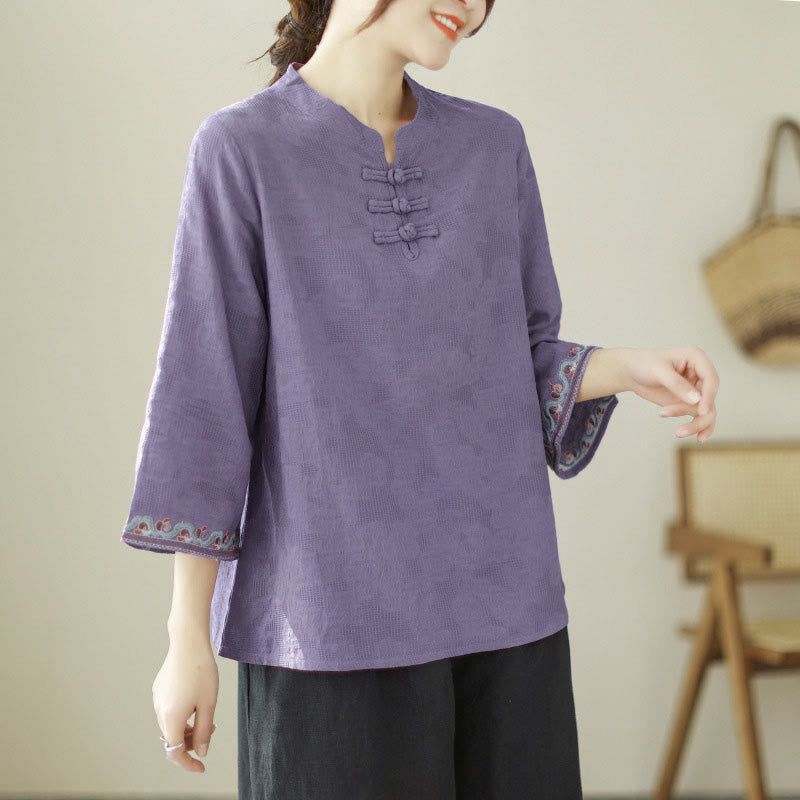 Chemise en coton pour femme, ornée de Buddha Stones jacquard, col montant à boutons brandebourg et manches trois-quarts. - BleuViolet - US8-10，UK/AU12-14，EU40-42 (2XL) - image 0