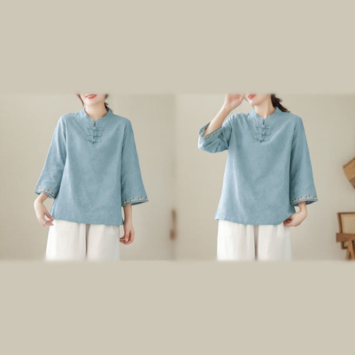 Chemise en coton pour femme, ornée de Buddha Stones jacquard, col montant à boutons brandebourg et manches trois-quarts. - image 13