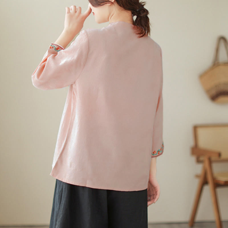 Chemise en coton pour femme, ornée de Buddha Stones jacquard, col montant à boutons brandebourg et manches trois-quarts. - image 27