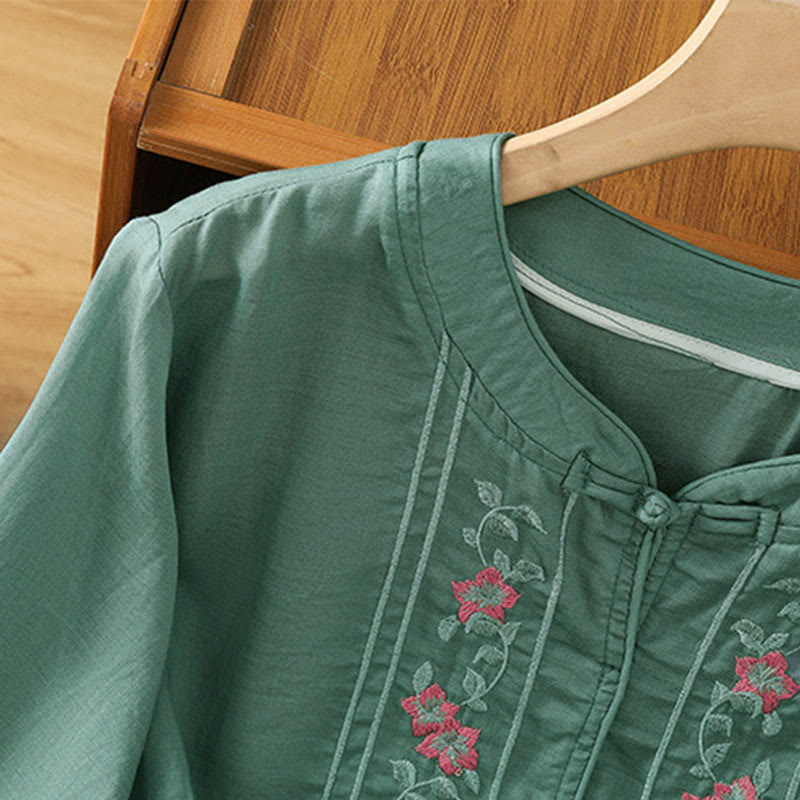 Chemise femme à manches trois-quarts, col montant à boutons grenouille, broderie florale, poignets élastiques et Buddha Stones - image 3