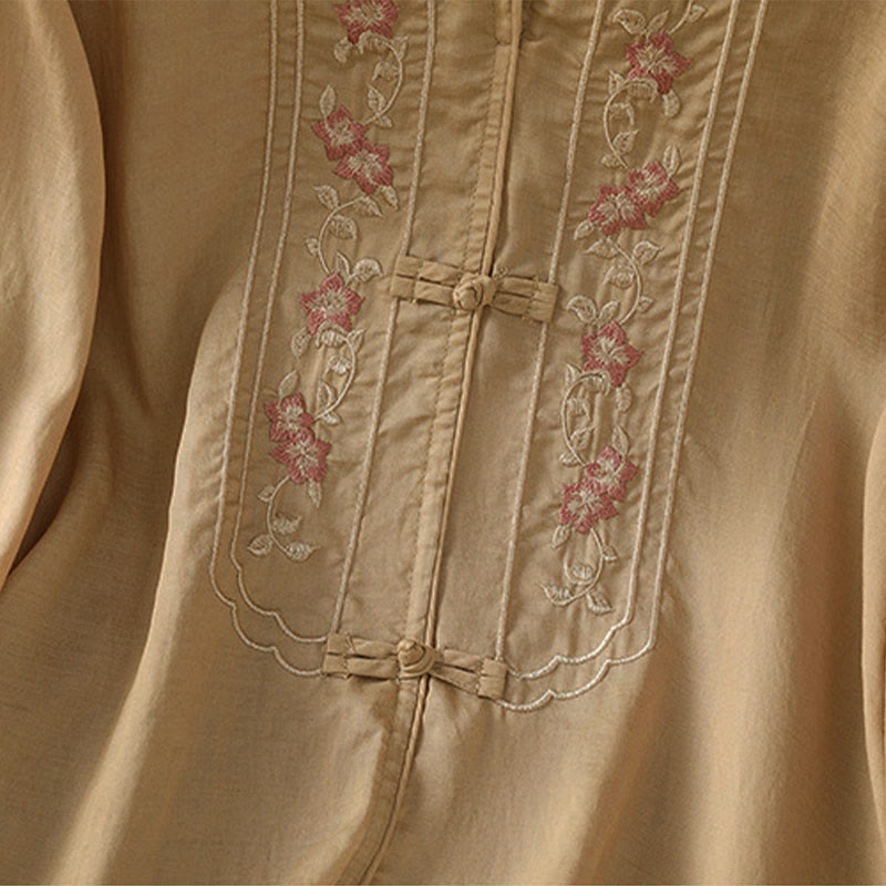 Chemise femme à manches trois-quarts, col montant à boutons grenouille, broderie florale, poignets élastiques et Buddha Stones - image 10