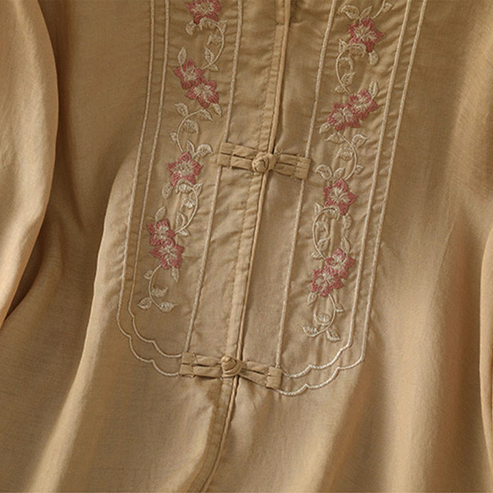 Chemise femme à manches trois-quarts, col montant à boutons grenouille, broderie florale, poignets élastiques et Buddha Stones - image 10