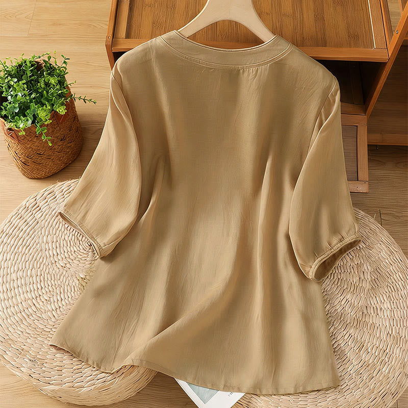 Chemise femme à manches trois-quarts, col montant à boutons grenouille, broderie florale, poignets élastiques et Buddha Stones - image 7