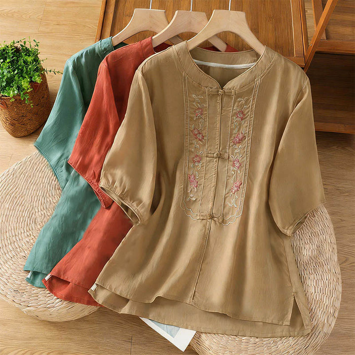 Chemise femme à manches trois-quarts, col montant à boutons grenouille, broderie florale, poignets élastiques et Buddha Stones - image 20