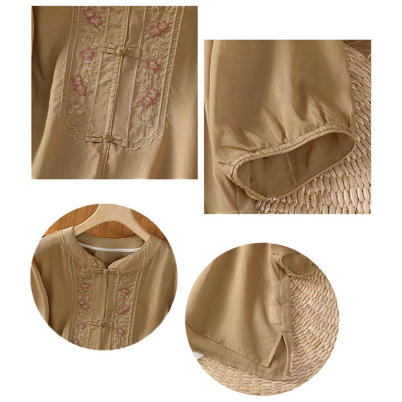 Chemise femme à manches trois-quarts, col montant à boutons grenouille, broderie florale, poignets élastiques et Buddha Stones - image 14