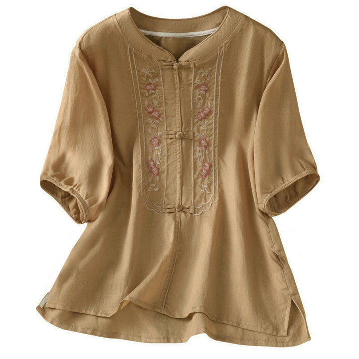 Chemise femme à manches trois-quarts, col montant à boutons grenouille, broderie florale, poignets élastiques et Buddha Stones - image 13