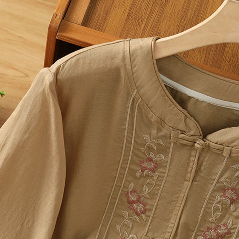 Chemise femme à manches trois-quarts, col montant à boutons grenouille, broderie florale, poignets élastiques et Buddha Stones - image 9