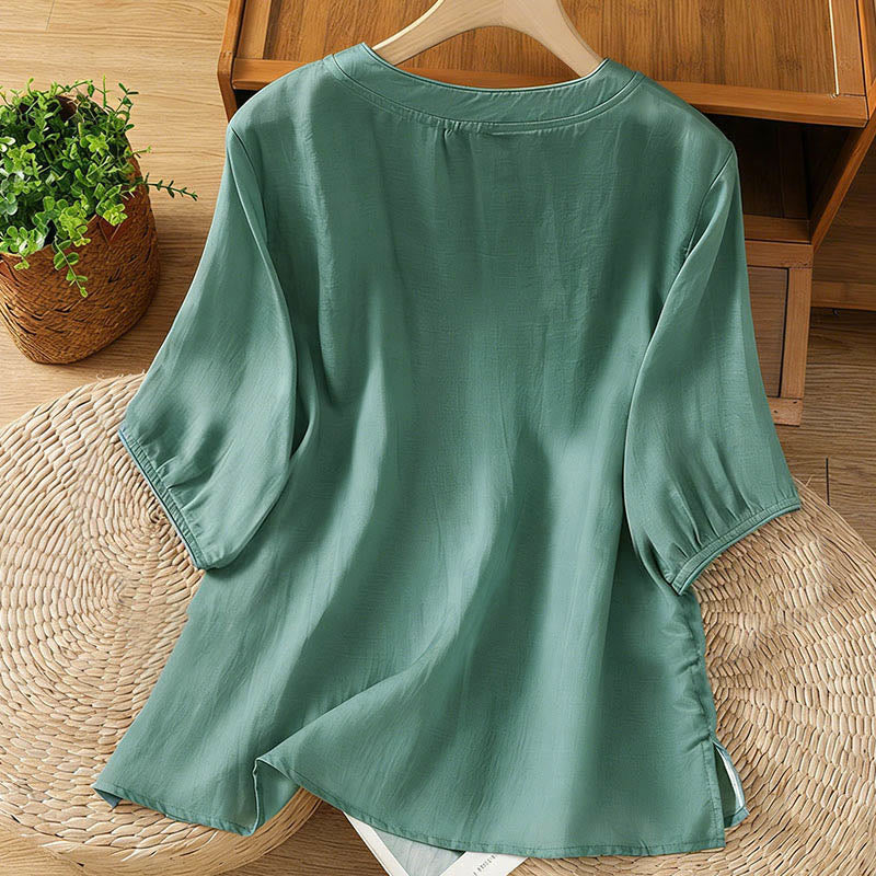 Chemise femme à manches trois-quarts, col montant à boutons grenouille, broderie florale, poignets élastiques et Buddha Stones - image 1