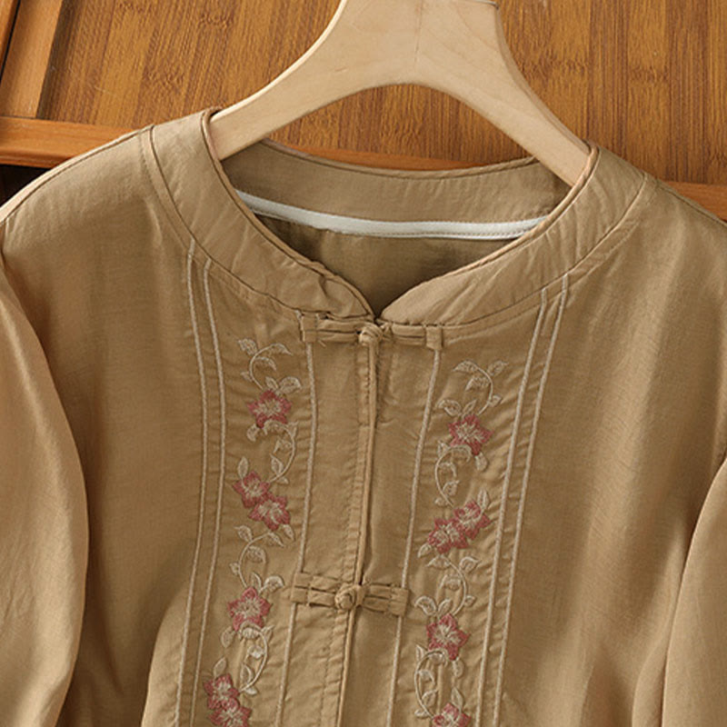 Chemise femme à manches trois-quarts, col montant à boutons grenouille, broderie florale, poignets élastiques et Buddha Stones - image 8