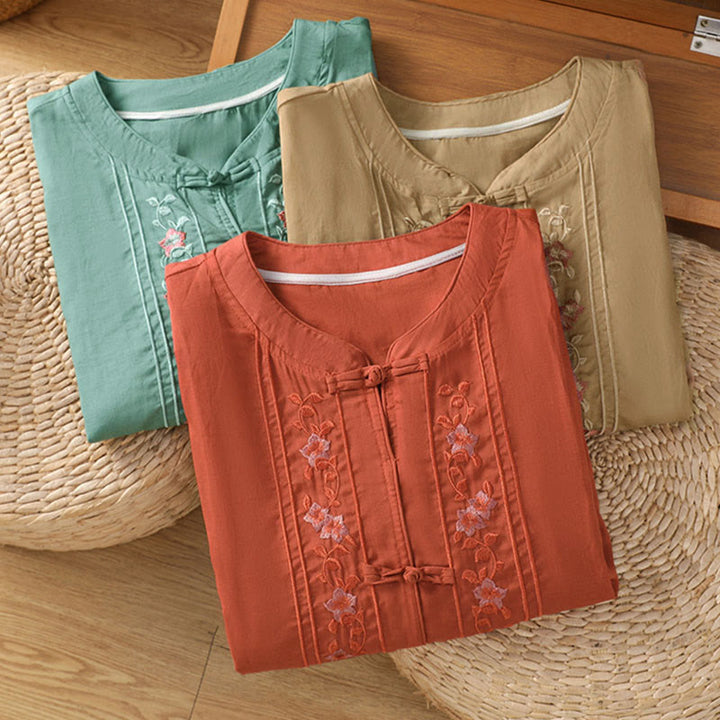 Chemise femme à manches trois-quarts, col montant à boutons grenouille, broderie florale, poignets élastiques et Buddha Stones - image 21