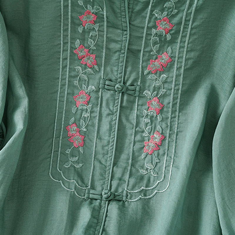 Chemise femme à manches trois-quarts, col montant à boutons grenouille, broderie florale, poignets élastiques et Buddha Stones - image 4