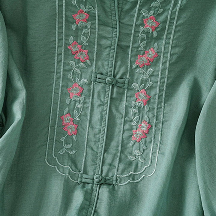 Chemise femme à manches trois-quarts, col montant à boutons grenouille, broderie florale, poignets élastiques et Buddha Stones - image 4