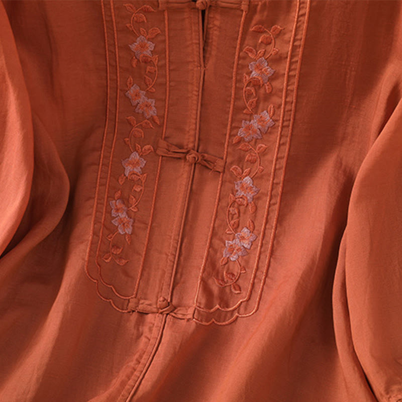 Chemise femme à manches trois-quarts, col montant à boutons grenouille, broderie florale, poignets élastiques et Buddha Stones - image 19