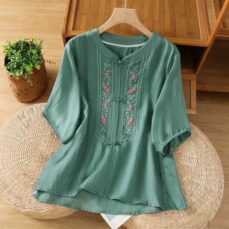Chemise femme à manches trois-quarts, col montant à boutons grenouille, broderie florale, poignets élastiques et Buddha Stones - Vert clair - US8-10，UK/AU12-14，EU40-42 (2XL) - image 0