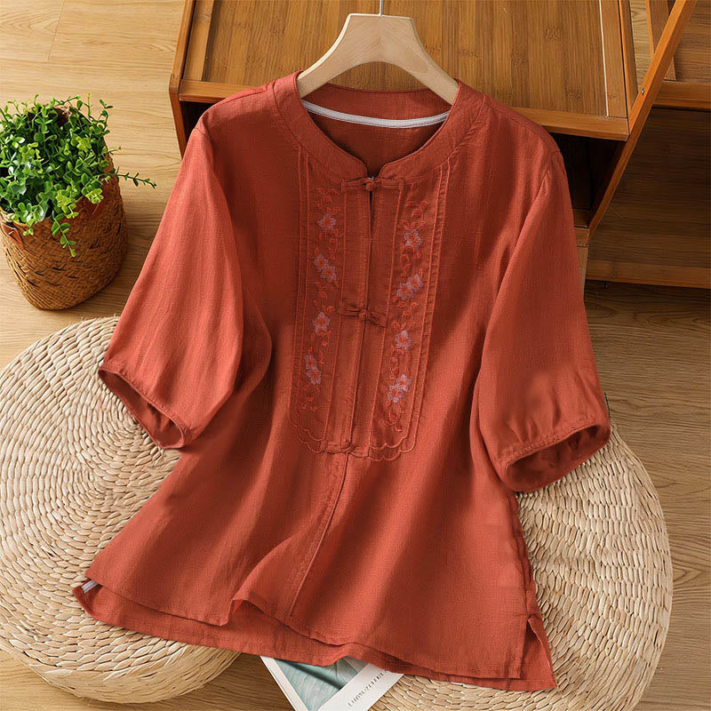 Chemise femme à manches trois-quarts, col montant à boutons grenouille, broderie florale, poignets élastiques et Buddha Stones - Rouge foncé - US8-10，UK/AU12-14，EU40-42 (2XL) - image 15