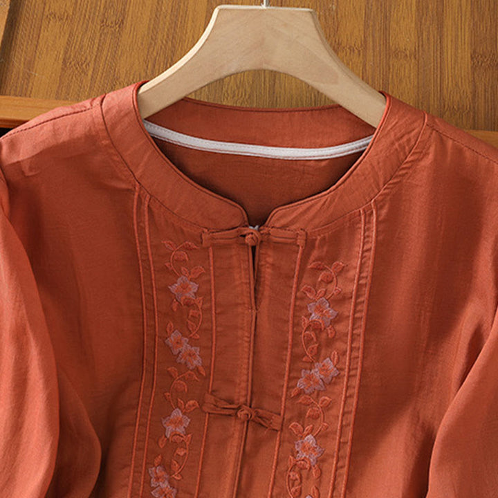 Chemise femme à manches trois-quarts, col montant à boutons grenouille, broderie florale, poignets élastiques et Buddha Stones - image 17