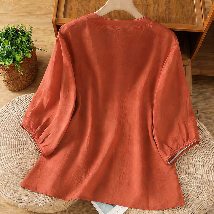 Chemise femme à manches trois-quarts, col montant à boutons grenouille, broderie florale, poignets élastiques et Buddha Stones - image 16